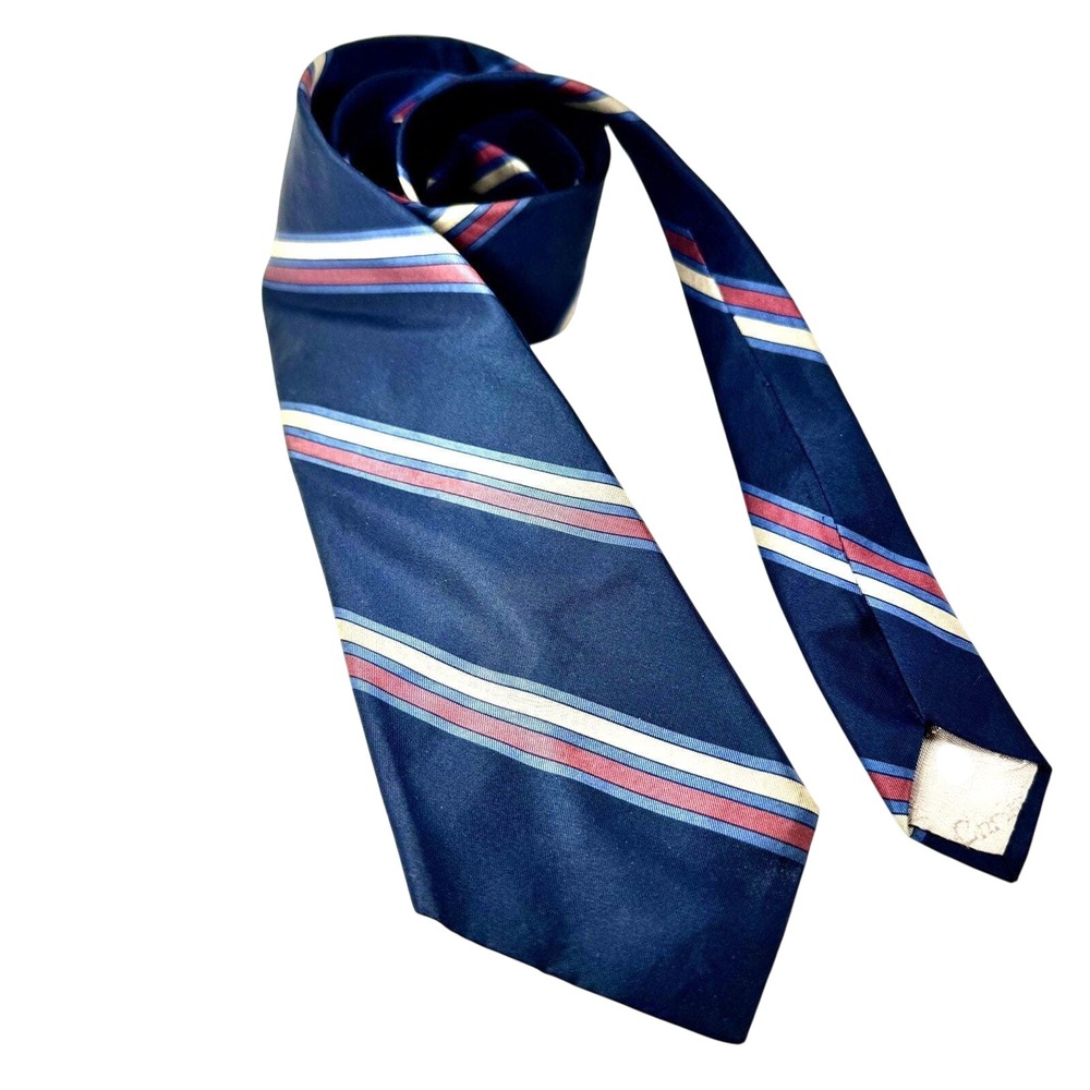 Christian Dior Mens Silk Tie Navy Blue Red Cream Striped Vintage Made in France‎